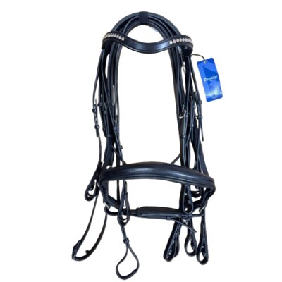 Prestige Briglia da dressage regolabile in cuoio italiano con doppie redini in cuoio e frontalino con swarovski - ULTIMO PEZZO - taglia FULL nero