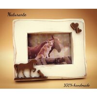 Cornice portafoto in legno di abete sbiancato con sagoma cavallo e cane